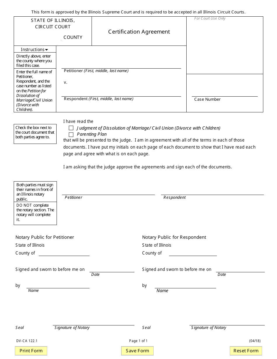 Form DV-CA122.1 Certification Agreement - Illinois, Page 1