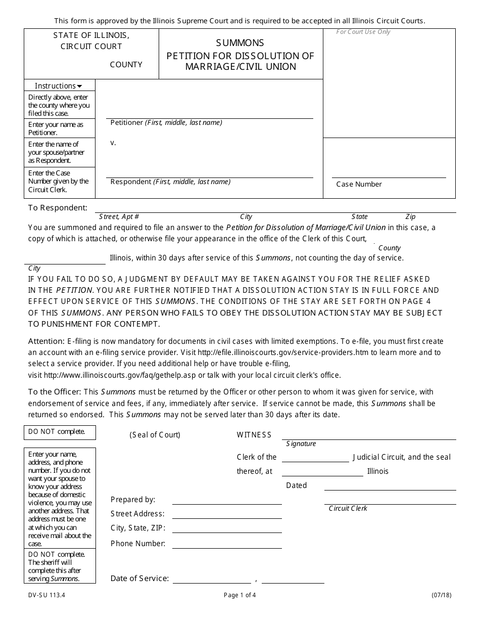 Form DV-SU113.4 Summons Petition for Dissolution of Marriage/Civil Union - Illinois, Page 1