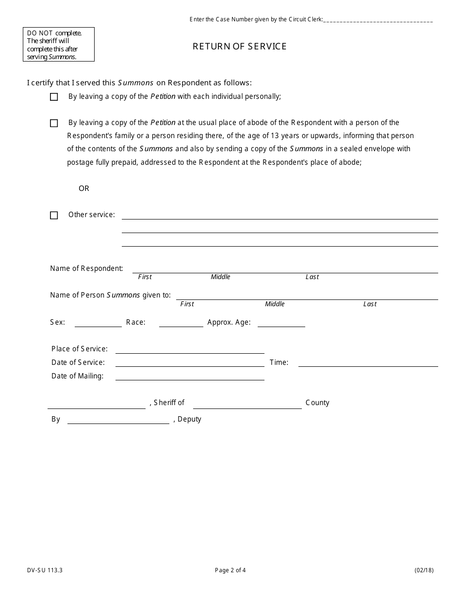 Form DV-SU113.4 Summons Petition for Dissolution of Marriage / Civil Union - Illinois, Page 2