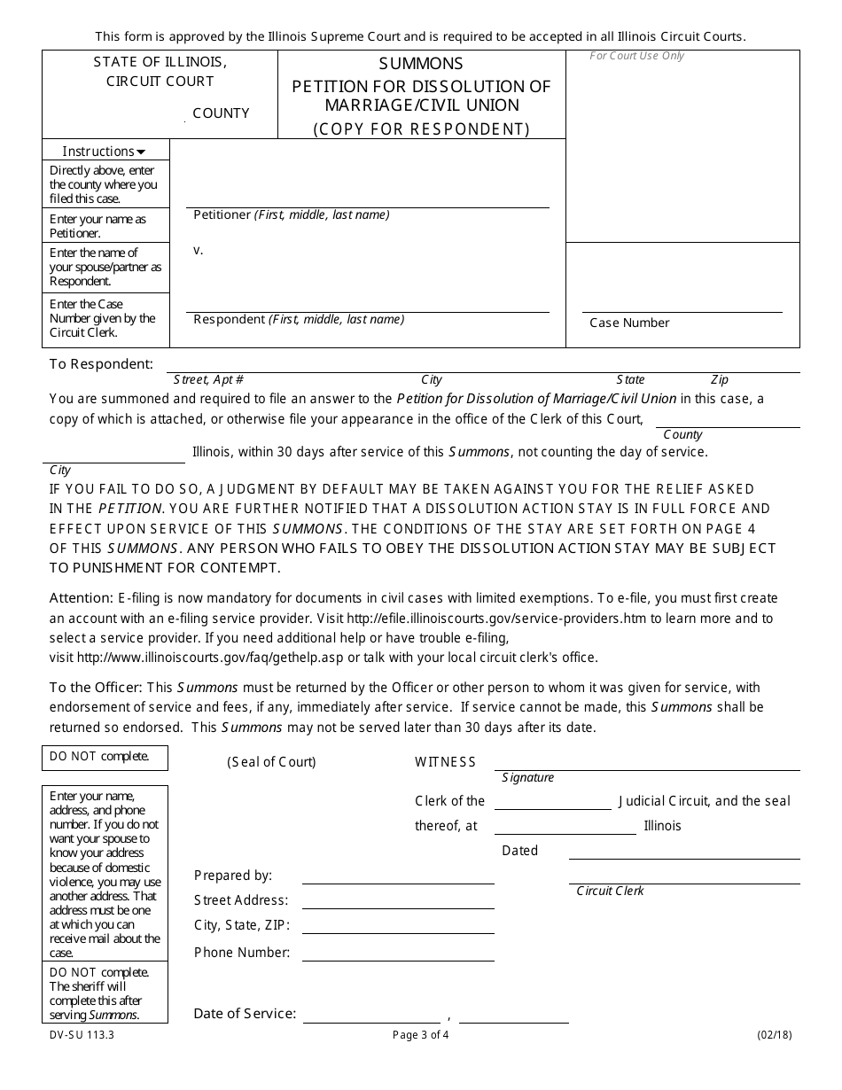 Form DV-SU113.4 Summons Petition for Dissolution of Marriage / Civil Union - Illinois, Page 3
