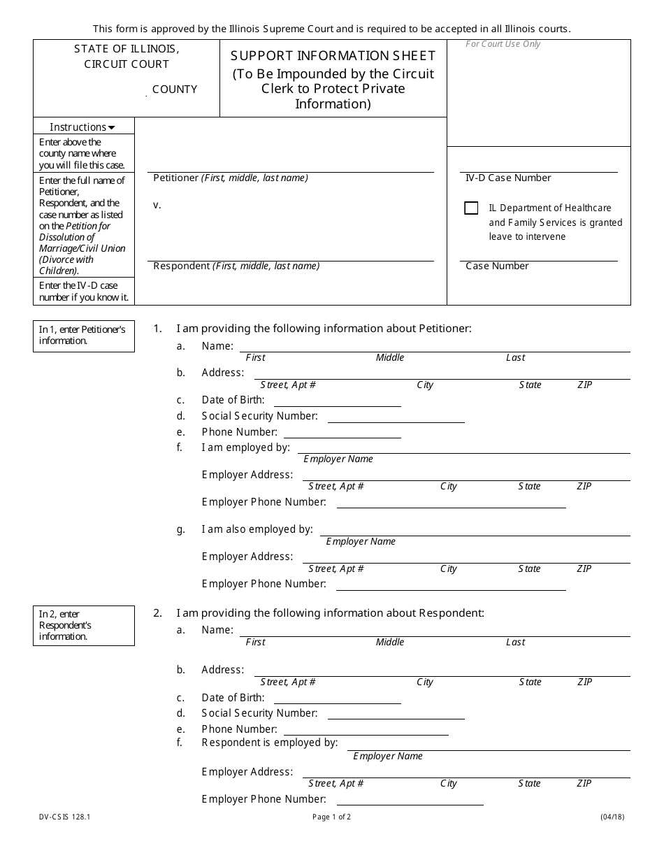 Form DV-CSIS128.1 Support Information Sheet - Illinois, Page 1