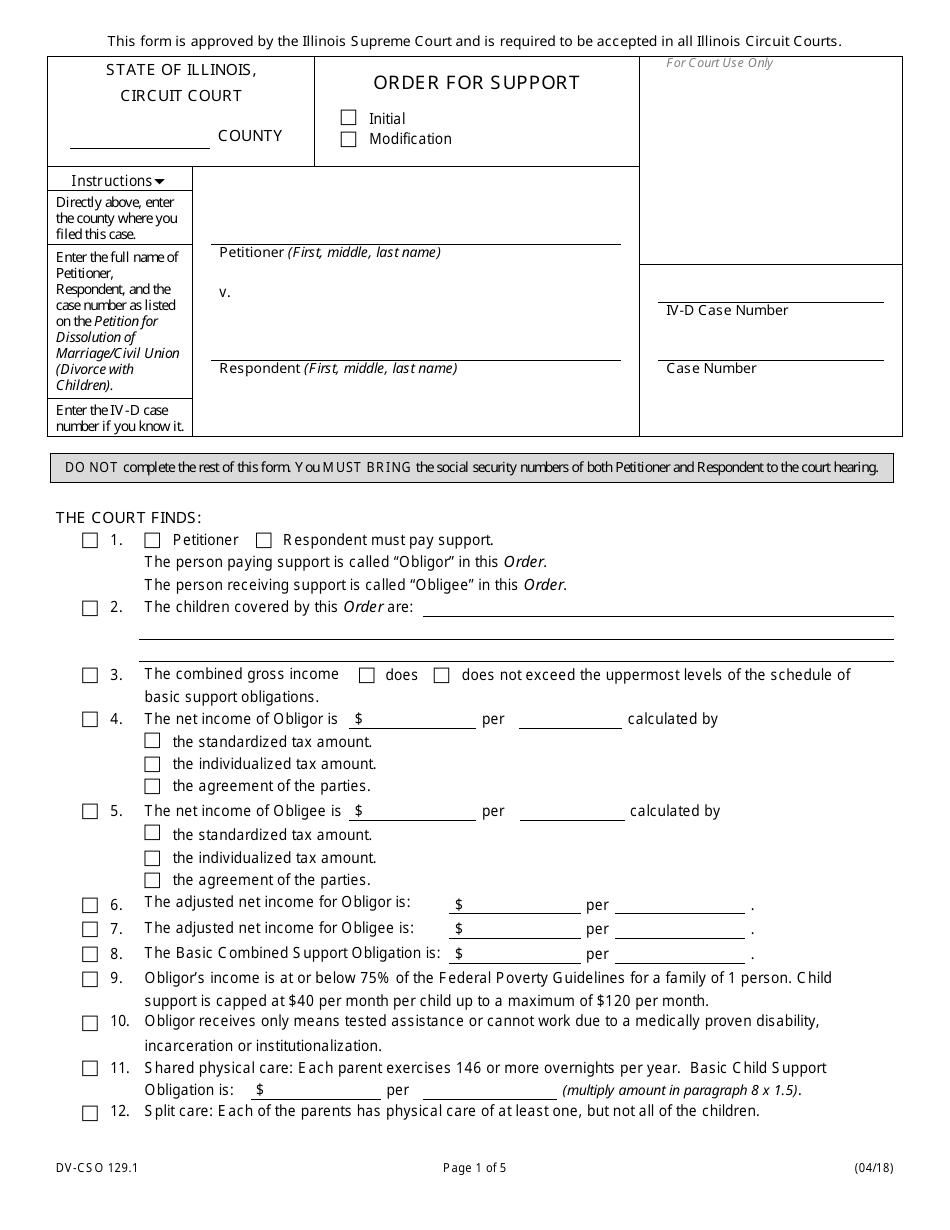 Form DV-CSO129.1 Order for Support - Illinois, Page 1