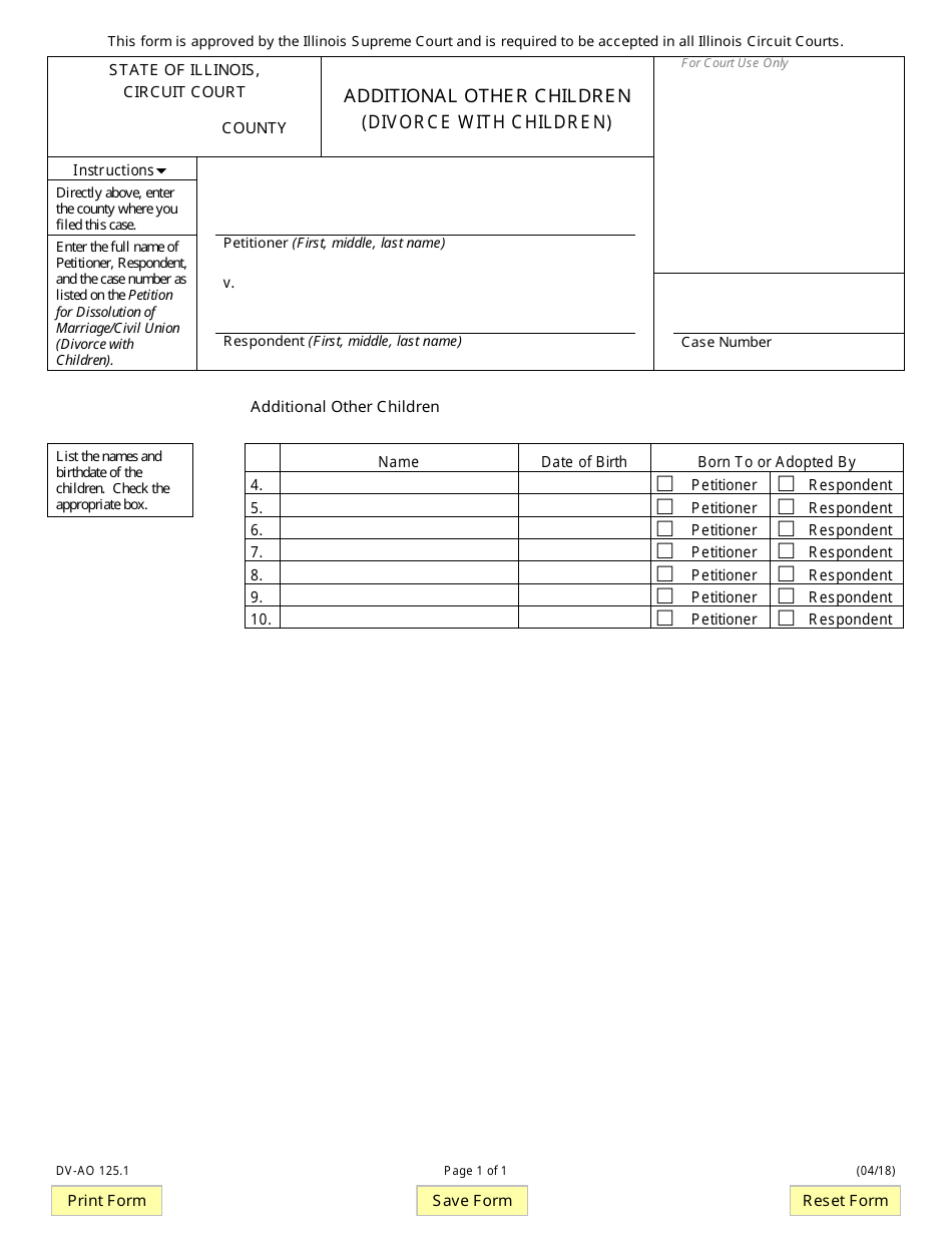 Form DV-AO125.1 Additional Other Children (Divorce With Children) - Illinois, Page 1