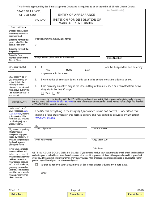Form DV-A111.3 Entry of Appearance (Petition for Dissolution of Marriage/Civil Union) - Illinois