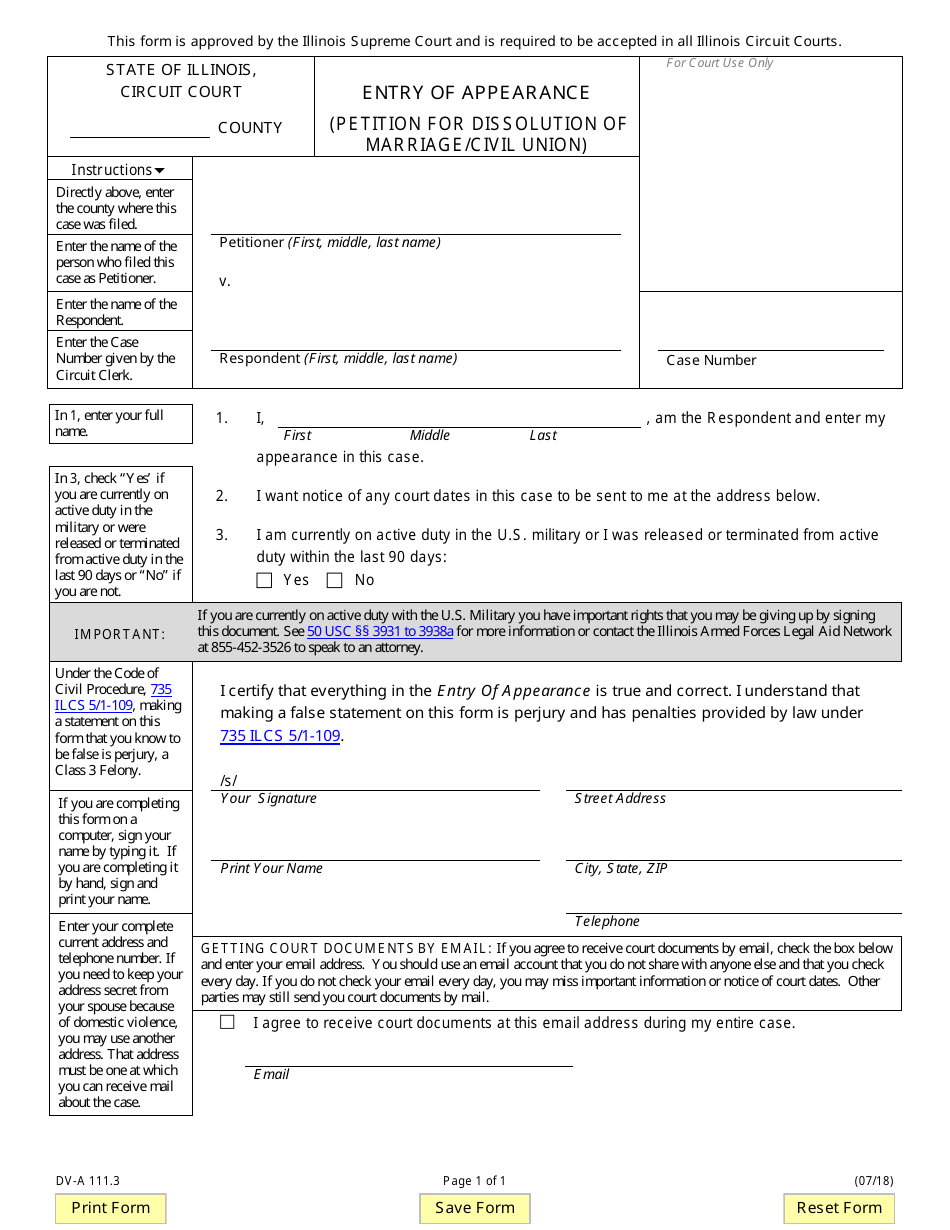Form DV-A111.3 Entry of Appearance (Petition for Dissolution of Marriage/Civil Union) - Illinois, Page 1