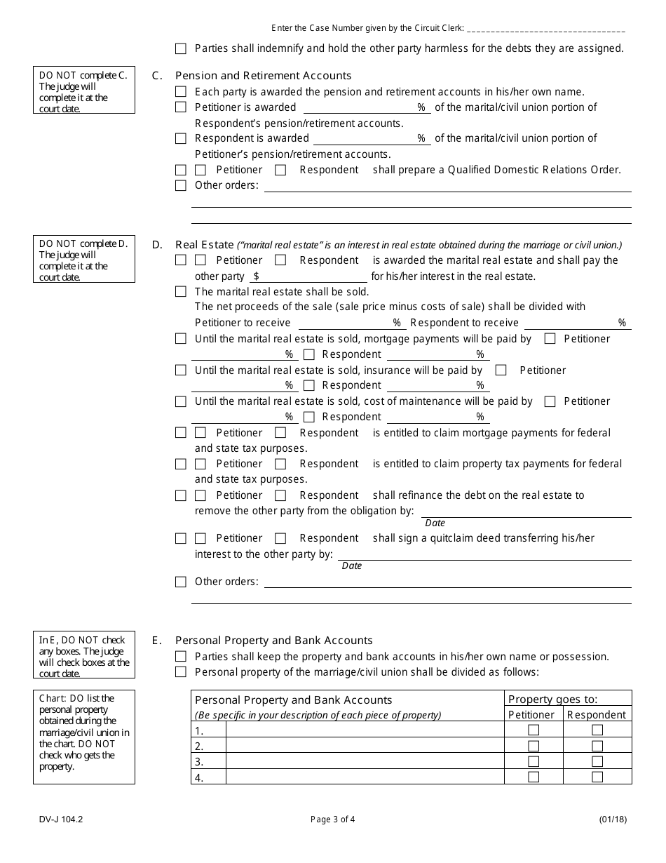 Form DV-J104.2 Judgment of Dissolution of Marriage / Civil Union (Divorce No Children) - Illinois, Page 3