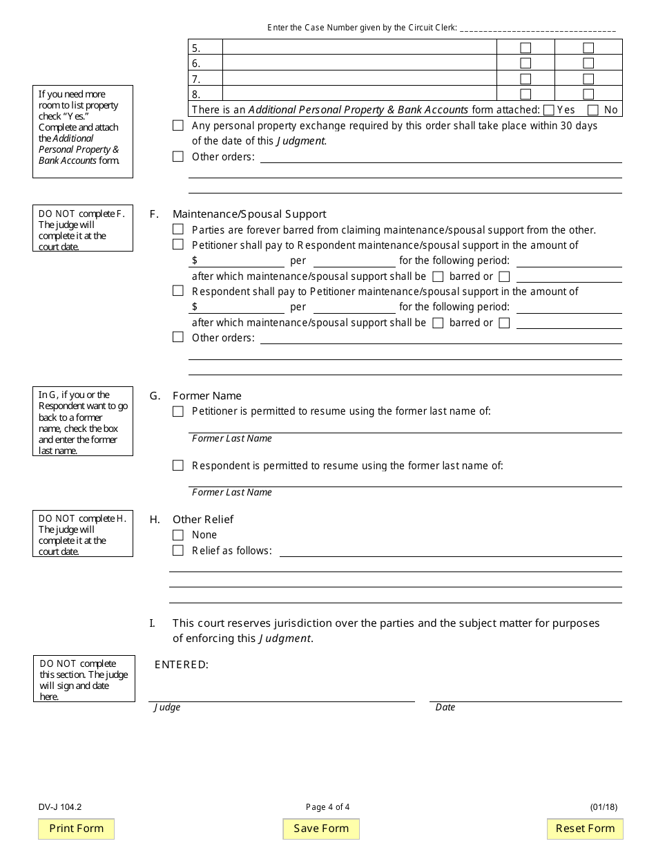 Form DV-J104.2 Judgment of Dissolution of Marriage / Civil Union (Divorce No Children) - Illinois, Page 4