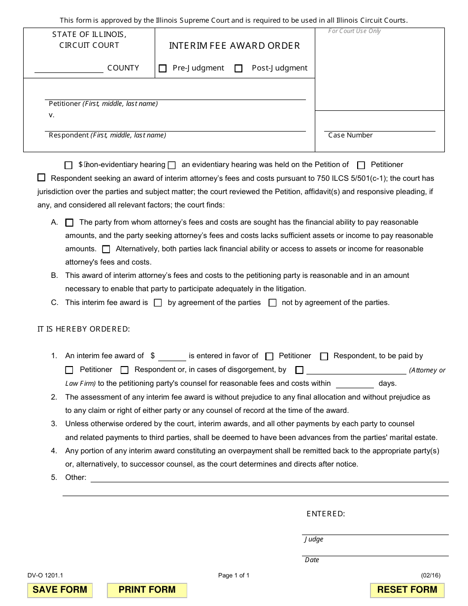 Form DV-O120.1 Interim Fee Award Order - Illinois, Page 1