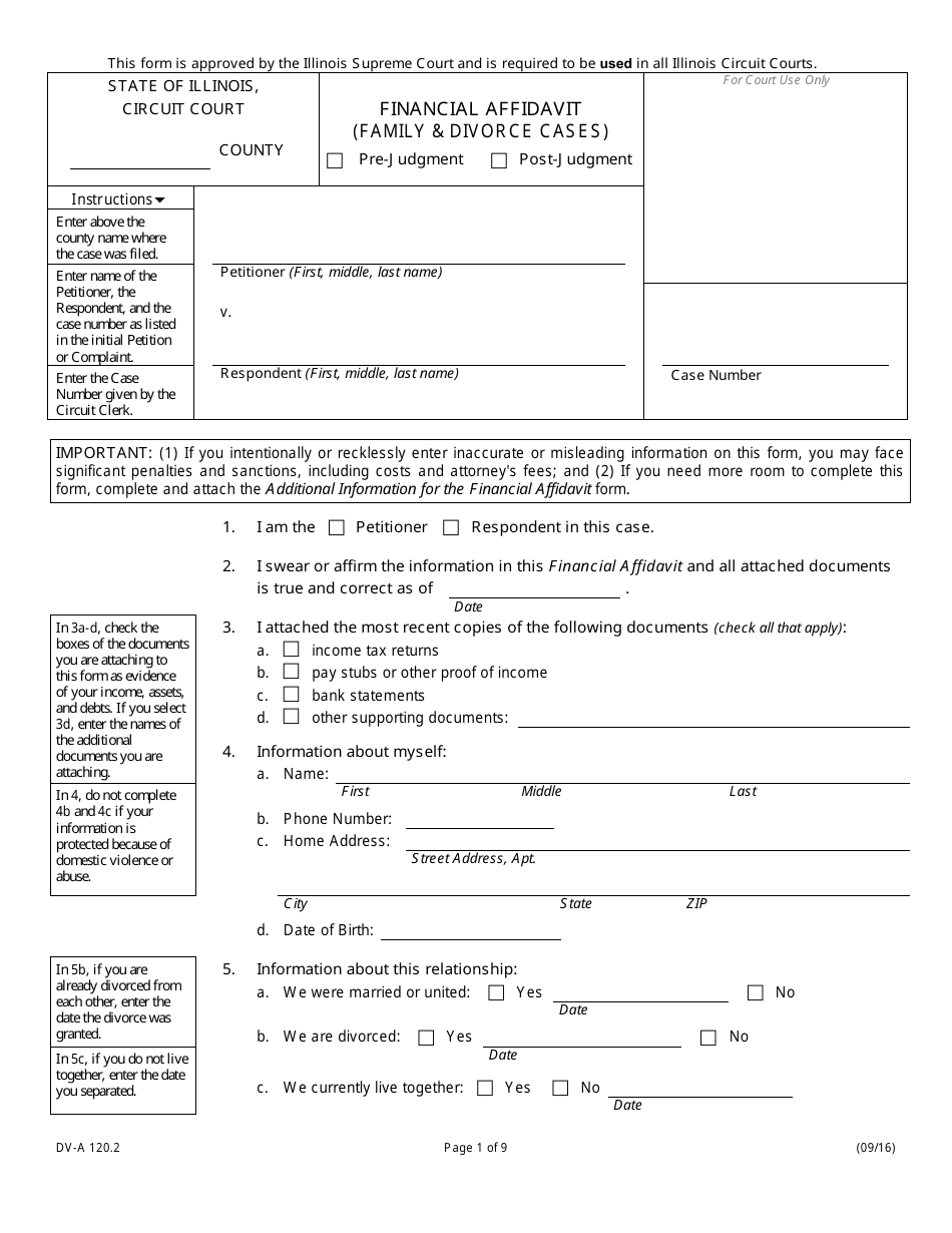 Form DV-A120.2 Financial Affidavit (Family  Divorce Cases) - Illinois, Page 1