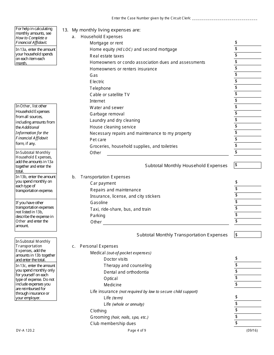 Form DV-A120.2 Financial Affidavit (Family  Divorce Cases) - Illinois, Page 4