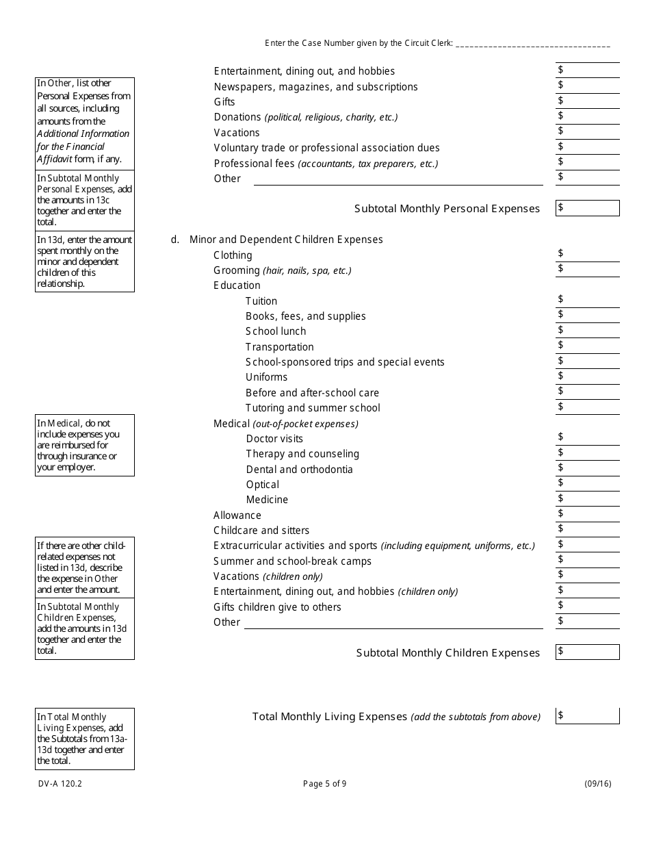 Form DV-A120.2 Financial Affidavit (Family  Divorce Cases) - Illinois, Page 5