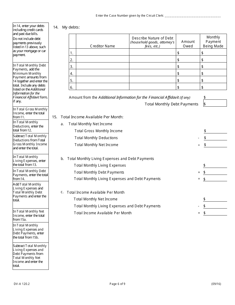 Form DV-A120.2 Financial Affidavit (Family  Divorce Cases) - Illinois, Page 6