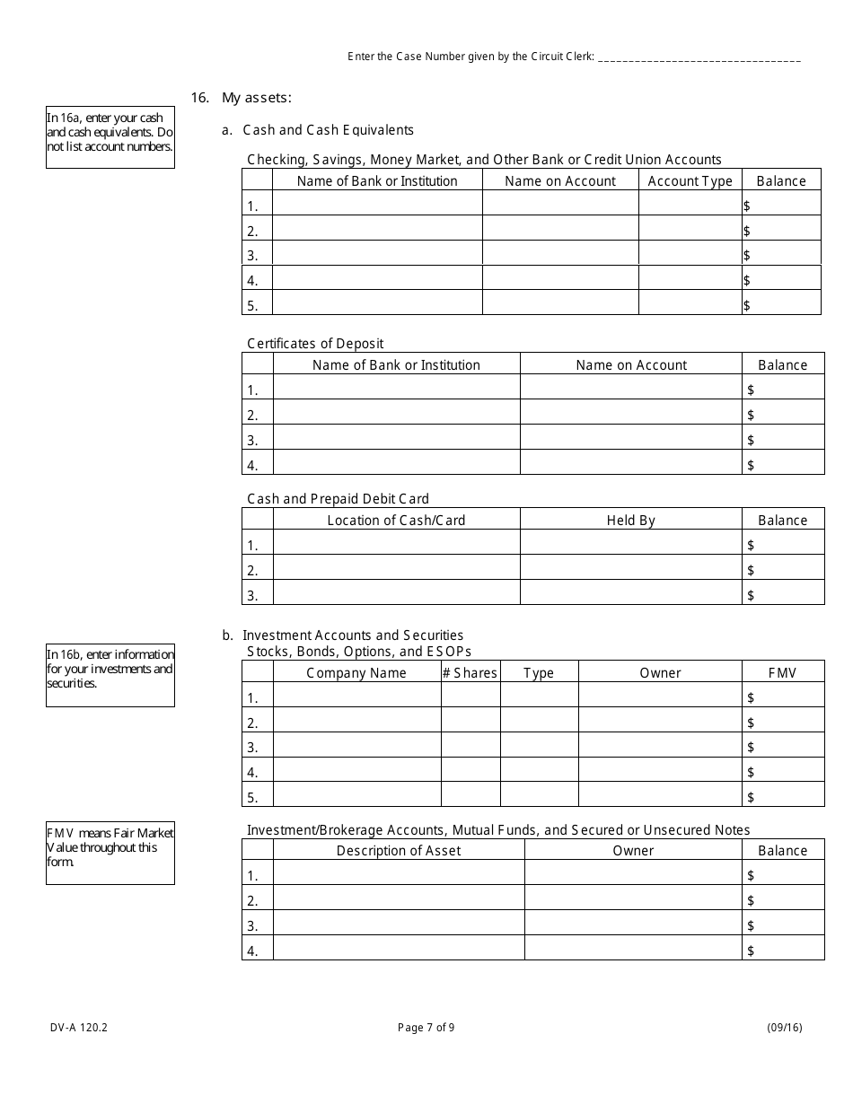 Form DV-A120.2 Financial Affidavit (Family  Divorce Cases) - Illinois, Page 7