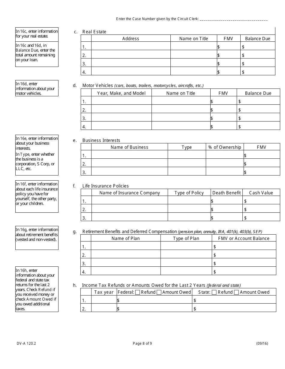 Form DV-A120.2 Financial Affidavit (Family  Divorce Cases) - Illinois, Page 8