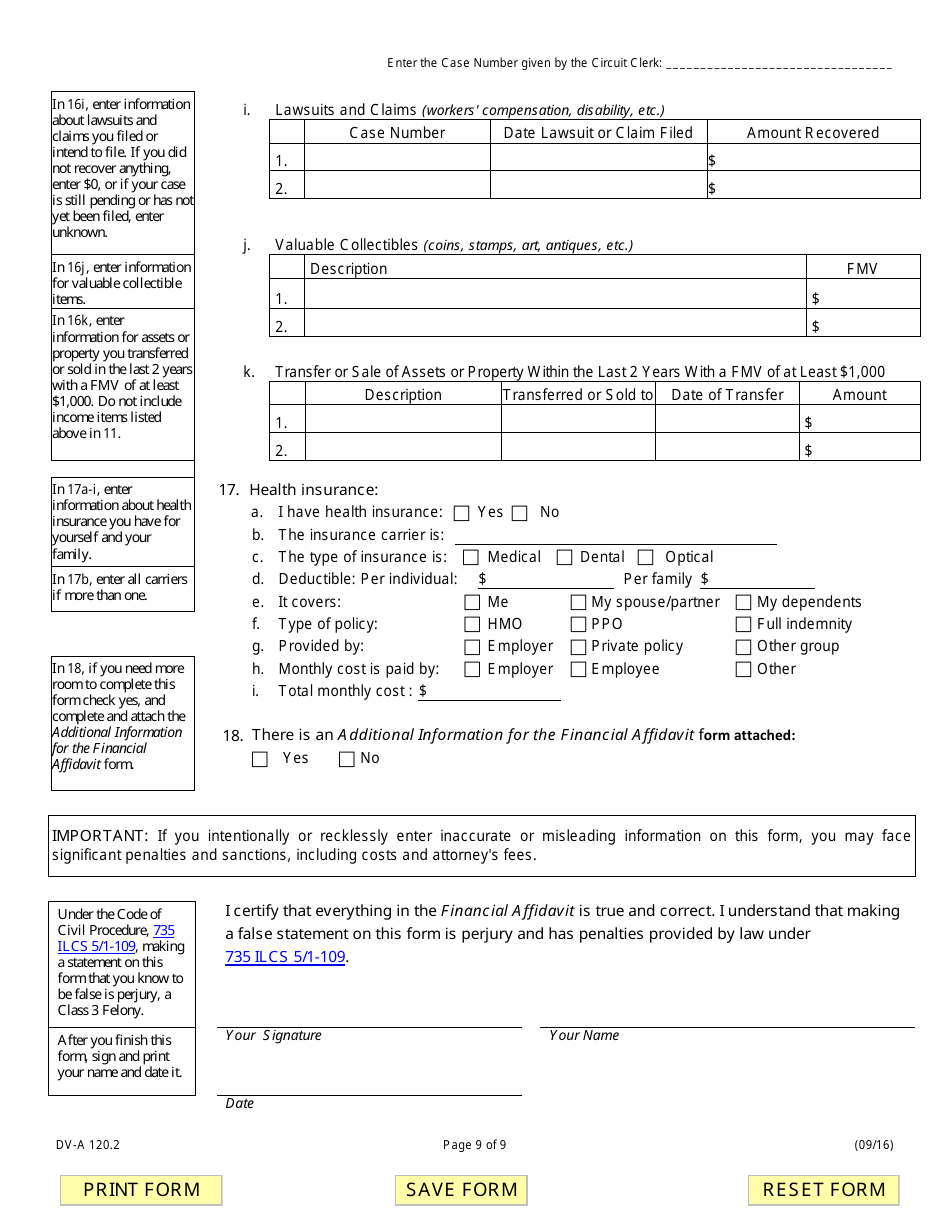 Form DV-A120.2 Financial Affidavit (Family  Divorce Cases) - Illinois, Page 9