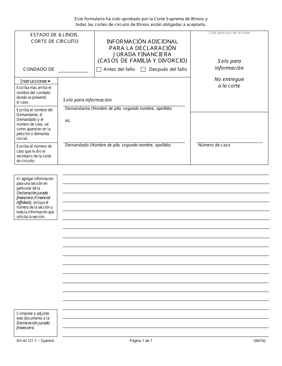 Formulario DV-AI121.1 Informacion Adicional Para La Declaracion Jurada Financiera - Casos De Familia Y Divorcio - Illinois (Spanish), Page 1