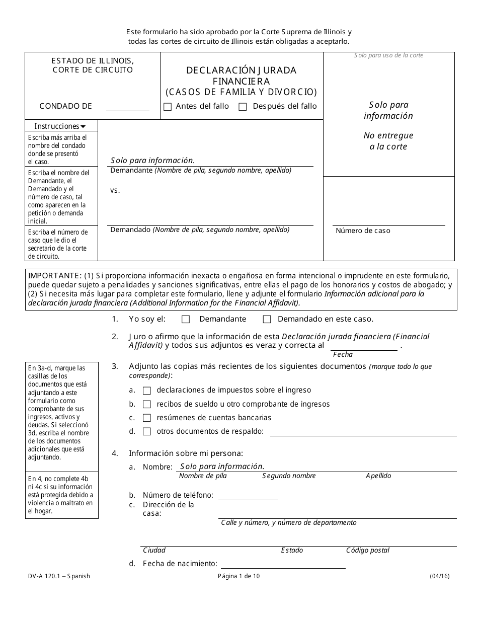 Formulario DV-A120.1 Declaracion Jurada Financiera (Casos De Familia Y Divorcio) - Illinois (Spanish), Page 1