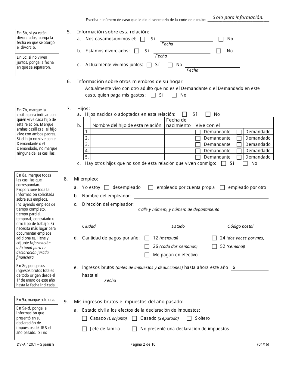 Formulario DV-A120.1 Declaracion Jurada Financiera (Casos De Familia Y Divorcio) - Illinois (Spanish), Page 2