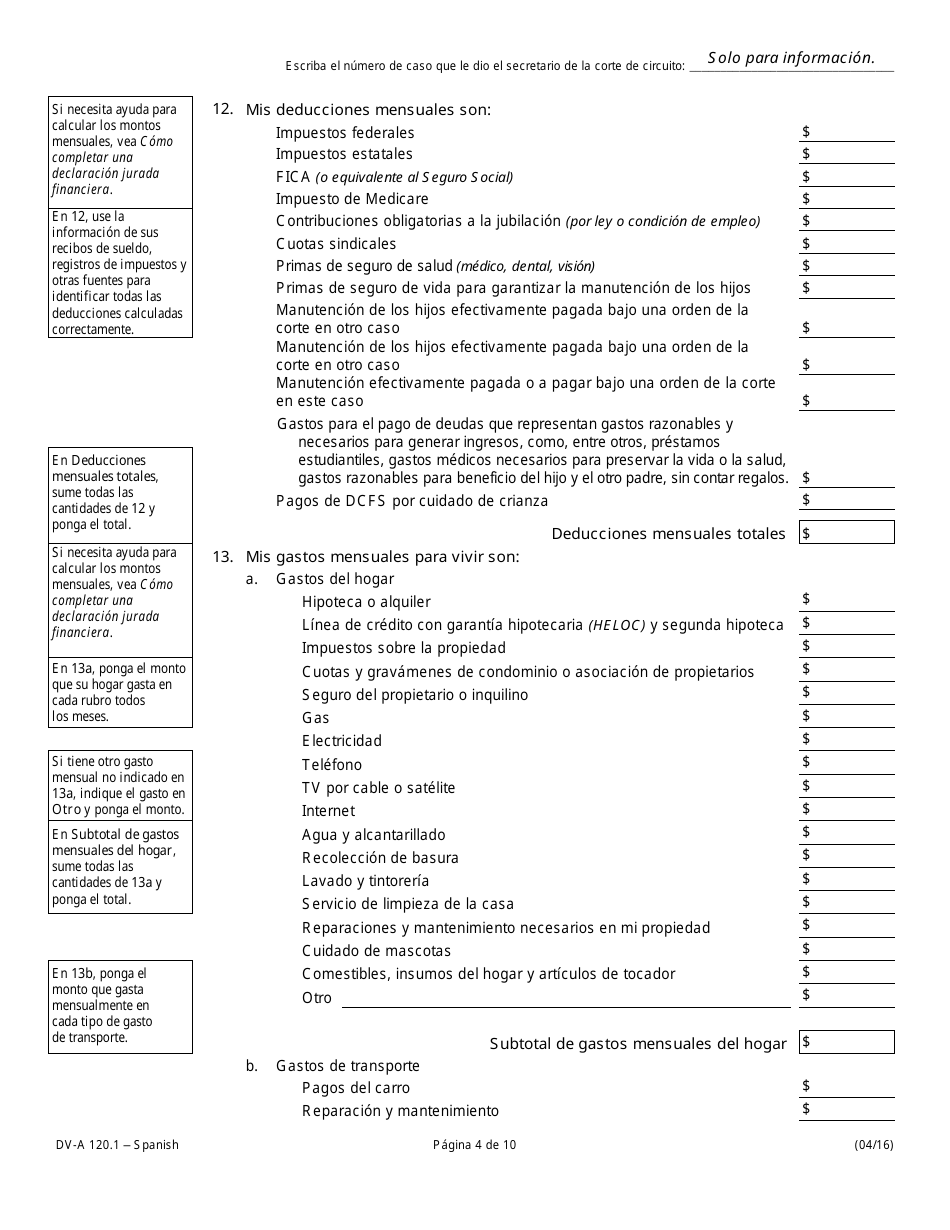 Formulario DV-A120.1 Declaracion Jurada Financiera (Casos De Familia Y Divorcio) - Illinois (Spanish), Page 4