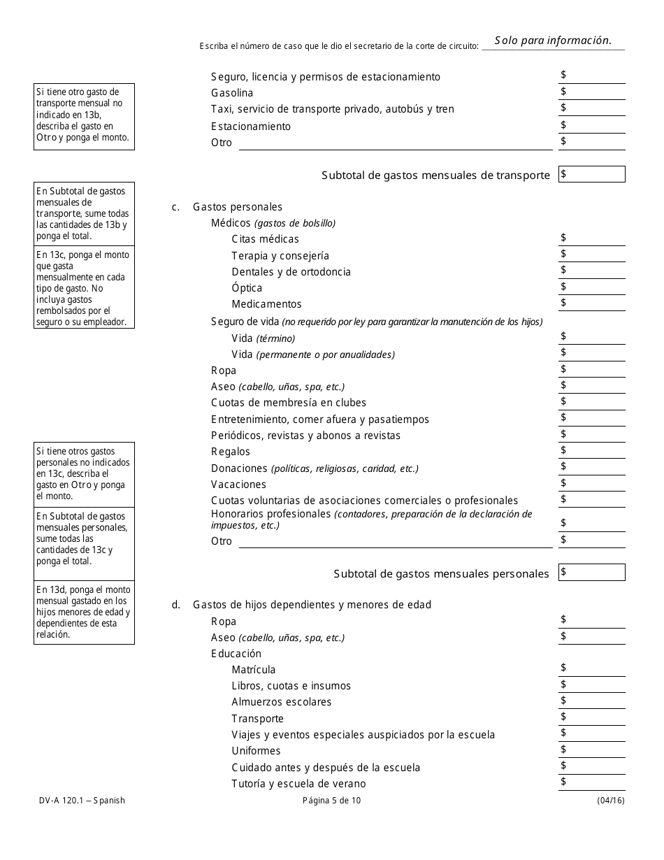 Formulario DV-A120.1 Declaracion Jurada Financiera (Casos De Familia Y Divorcio) - Illinois (Spanish), Page 5