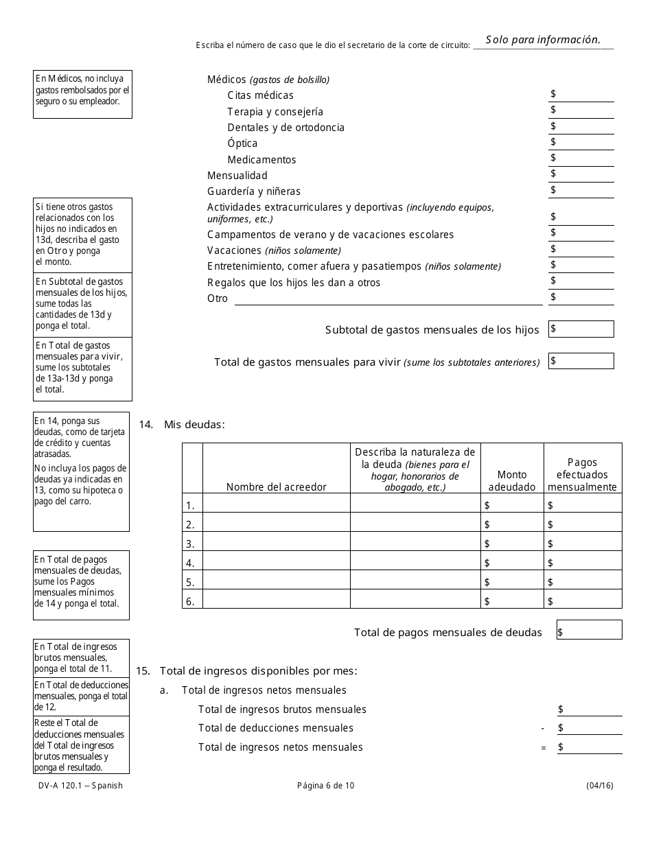 Formulario DV-A120.1 Declaracion Jurada Financiera (Casos De Familia Y Divorcio) - Illinois (Spanish), Page 6