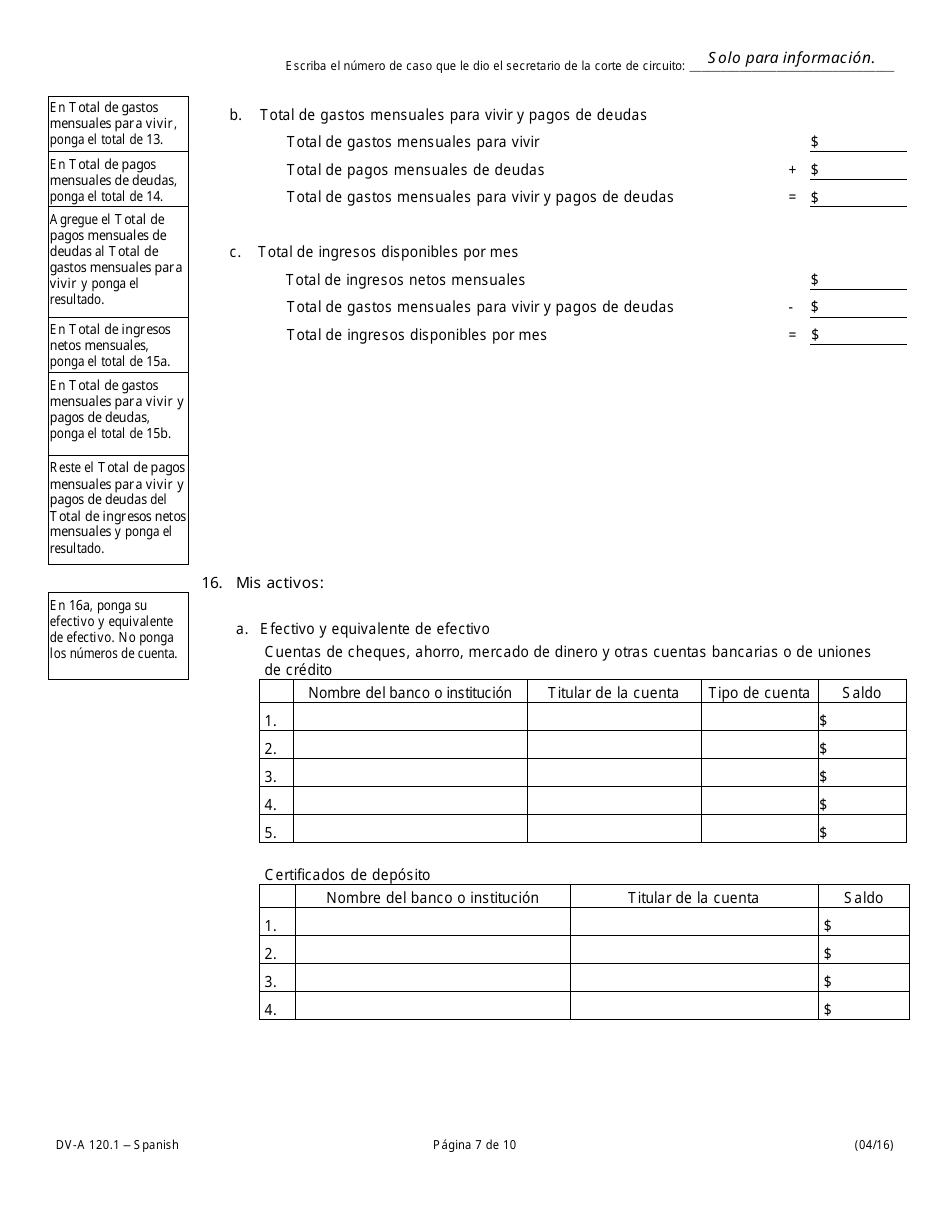 Formulario DV-A120.1 Declaracion Jurada Financiera (Casos De Familia Y Divorcio) - Illinois (Spanish), Page 7