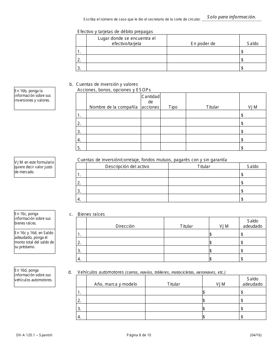 Formulario DV-A120.1 Declaracion Jurada Financiera (Casos De Familia Y Divorcio) - Illinois (Spanish), Page 8
