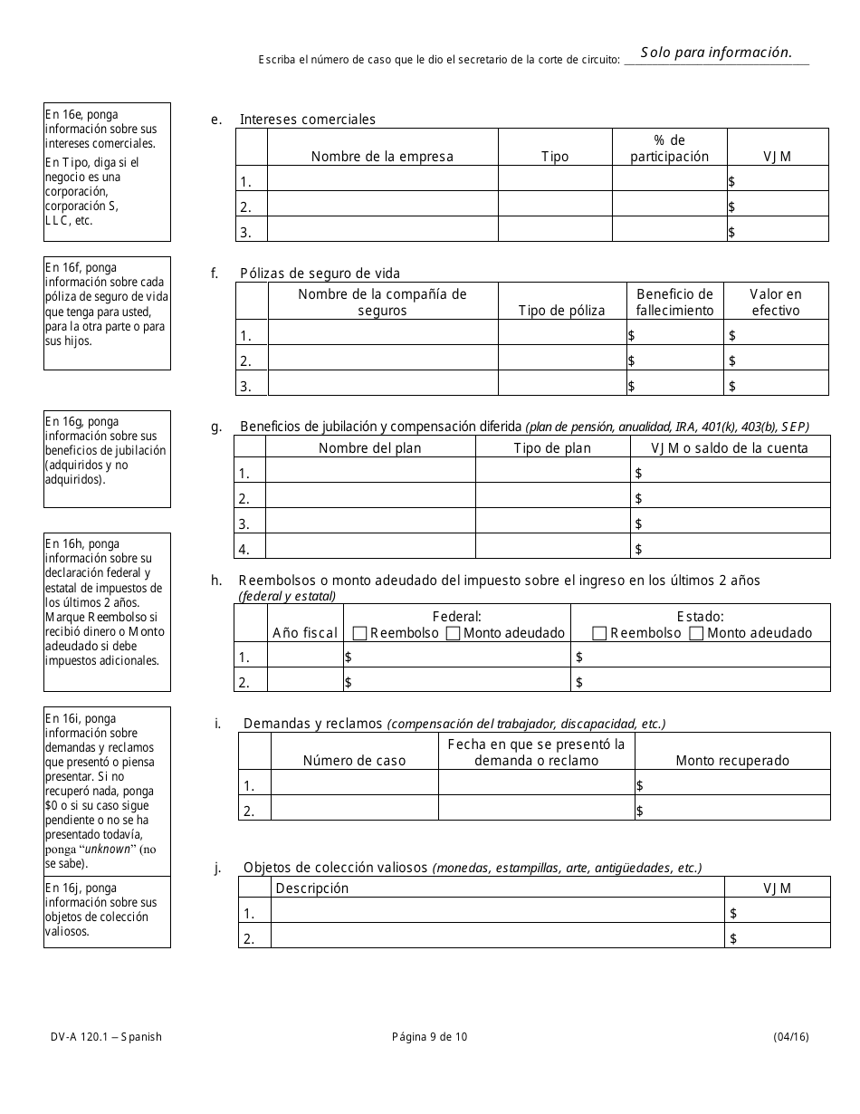 Formulario DV-A120.1 Declaracion Jurada Financiera (Casos De Familia Y Divorcio) - Illinois (Spanish), Page 9