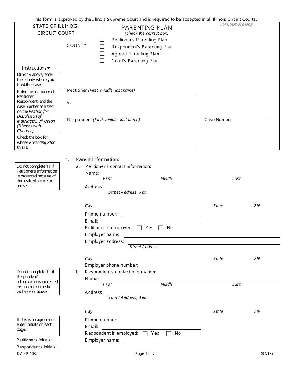 Form DV-PP108.1 Parenting Plan - Illinois, Page 1