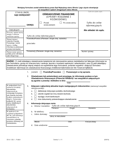 Form DV-A120.1 Financial Affidavit (Family &amp; Divorce Cases) - Illinois (Polish)