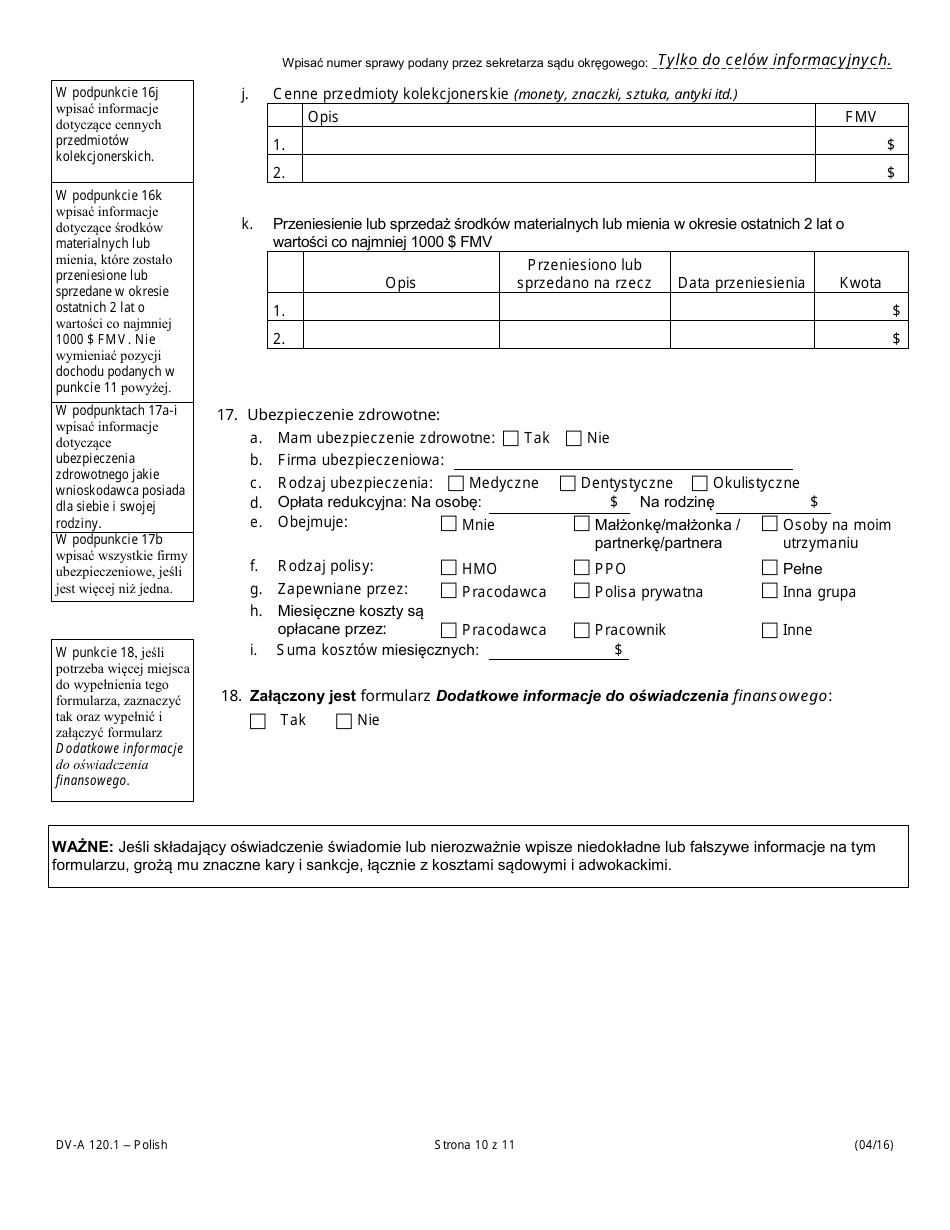 Form DV-A120.1 Financial Affidavit (Family  Divorce Cases) - Illinois (Polish), Page 10