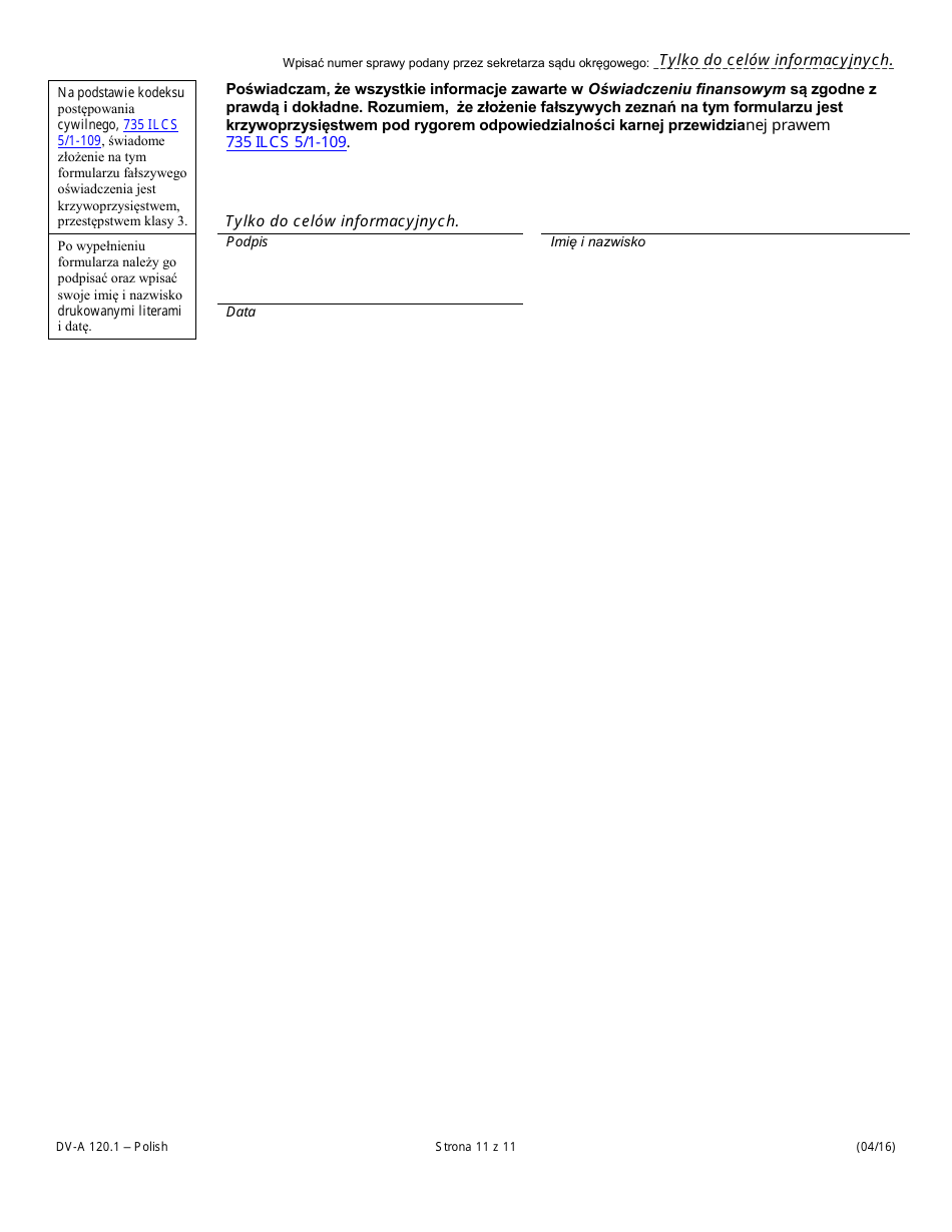 Form DV-A120.1 Financial Affidavit (Family  Divorce Cases) - Illinois (Polish), Page 11
