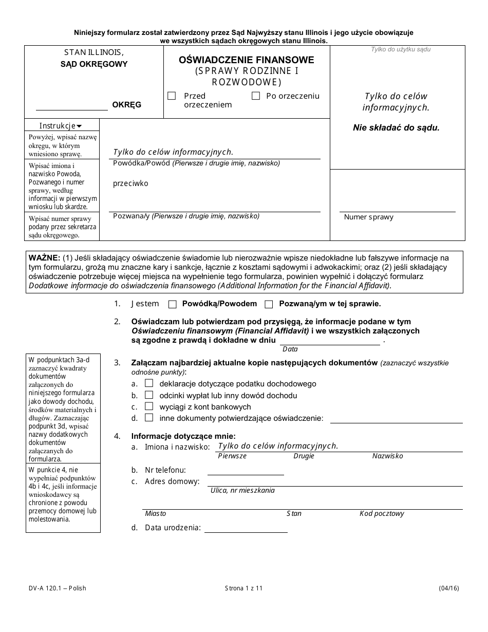Form DV-A120.1 Financial Affidavit (Family  Divorce Cases) - Illinois (Polish), Page 1