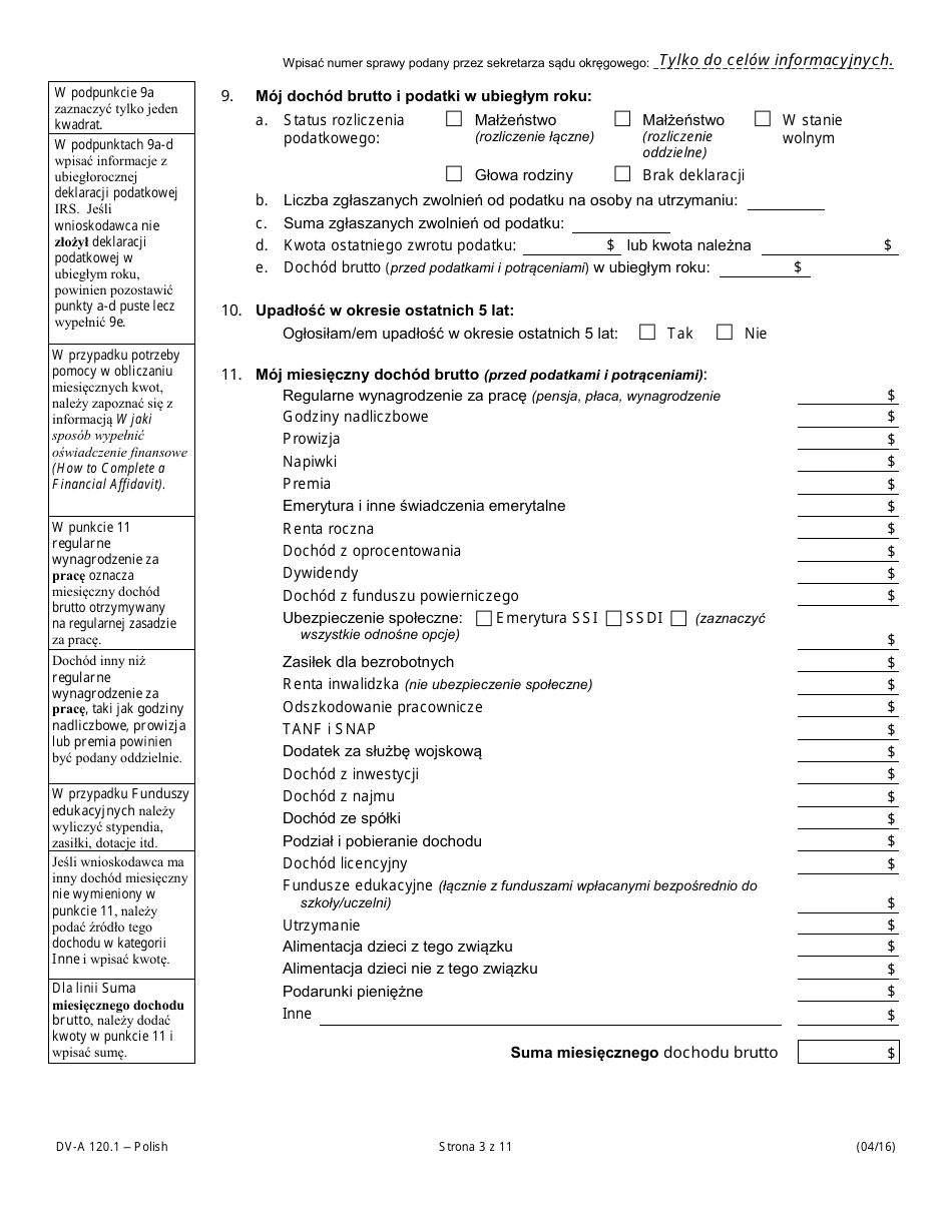 Form DV-A120.1 Financial Affidavit (Family  Divorce Cases) - Illinois (Polish), Page 3