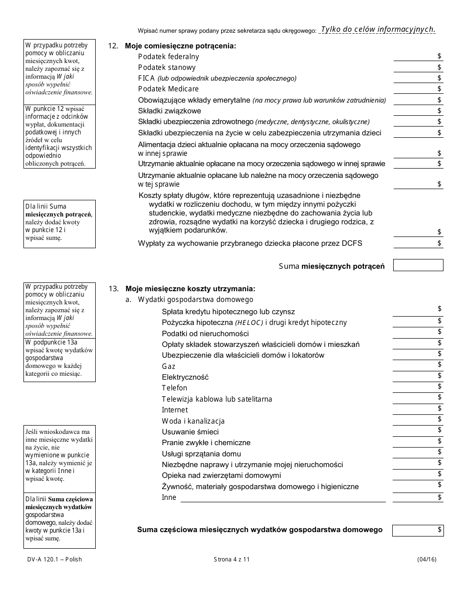 Form DV-A120.1 Financial Affidavit (Family  Divorce Cases) - Illinois (Polish), Page 4