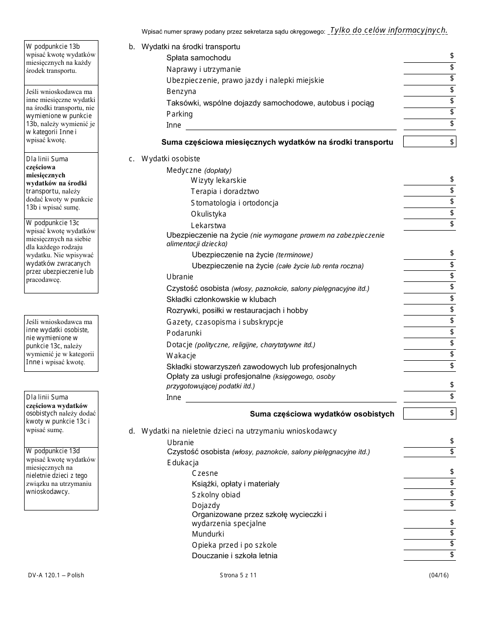 Form DV-A120.1 Financial Affidavit (Family  Divorce Cases) - Illinois (Polish), Page 5
