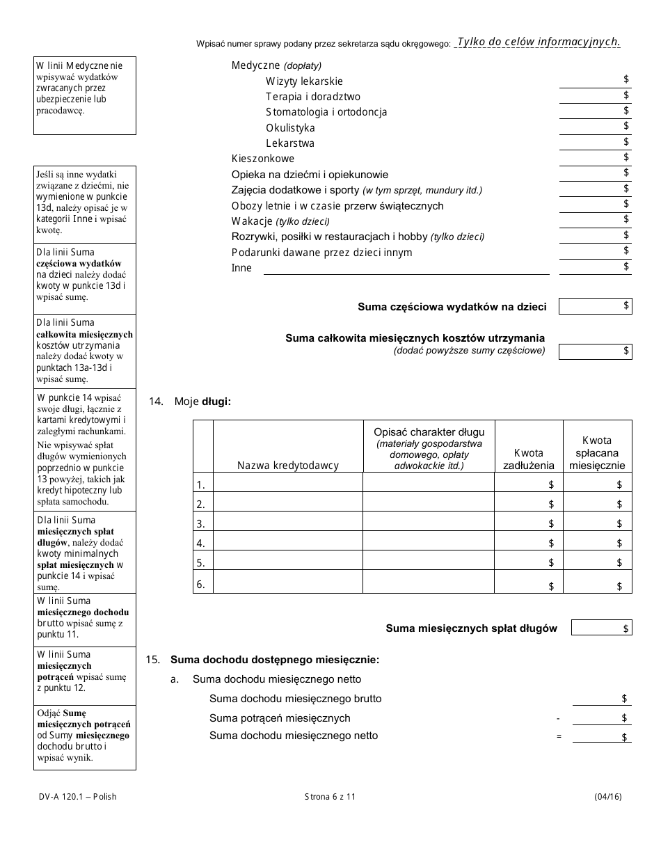 Form DV-A120.1 Financial Affidavit (Family  Divorce Cases) - Illinois (Polish), Page 6