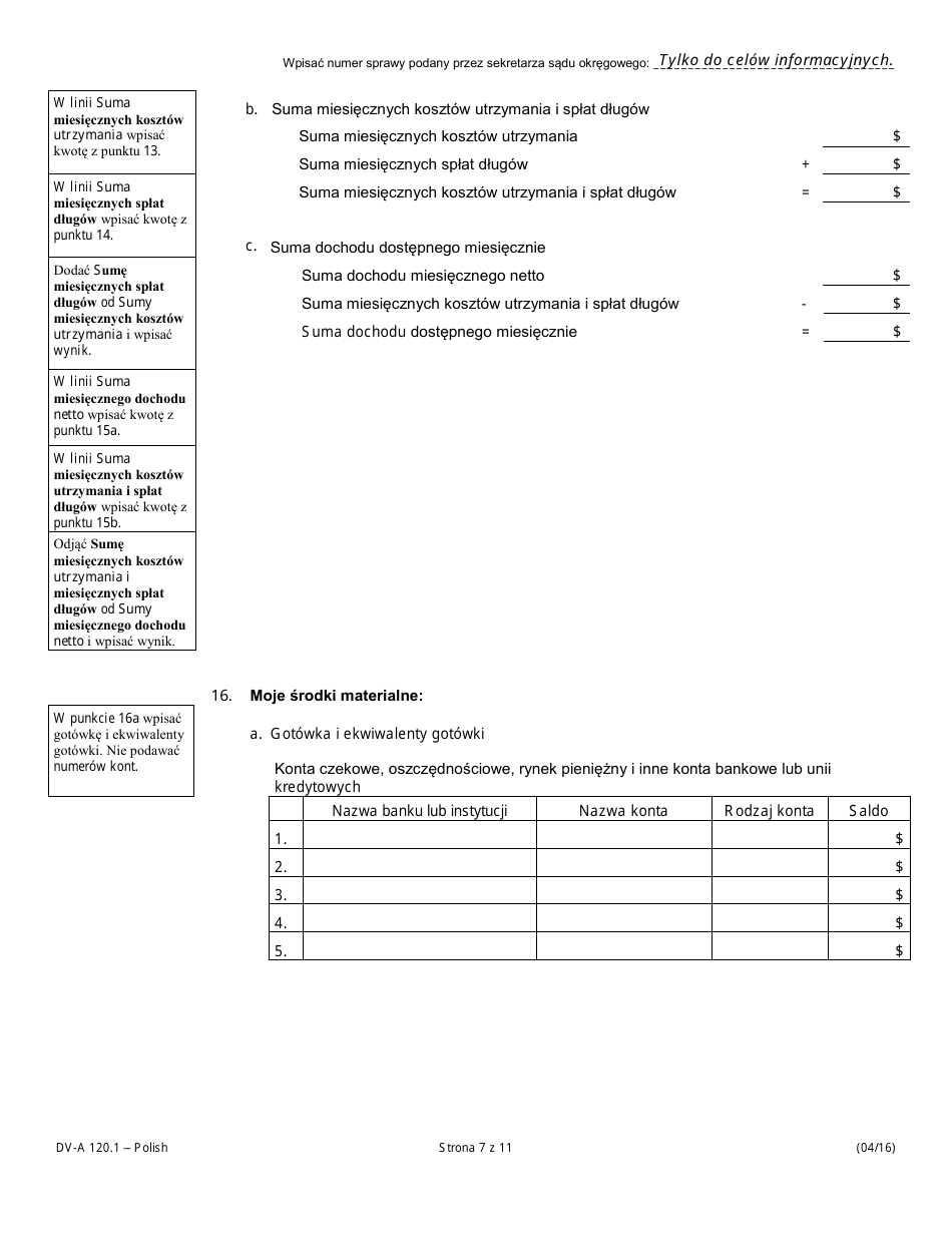 Form DV-A120.1 Financial Affidavit (Family  Divorce Cases) - Illinois (Polish), Page 7