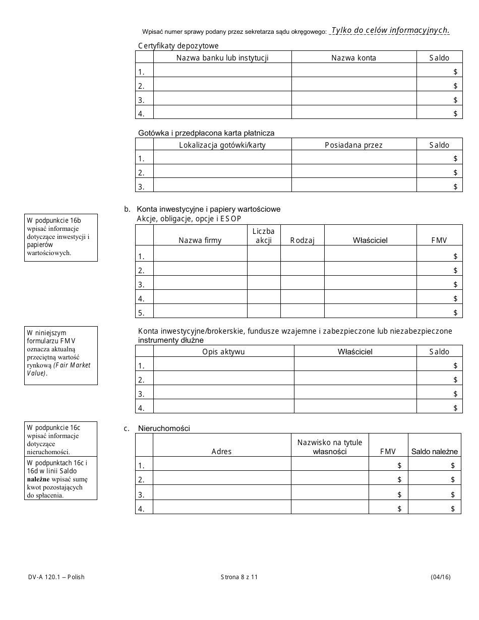 Form DV-A120.1 Financial Affidavit (Family  Divorce Cases) - Illinois (Polish), Page 8