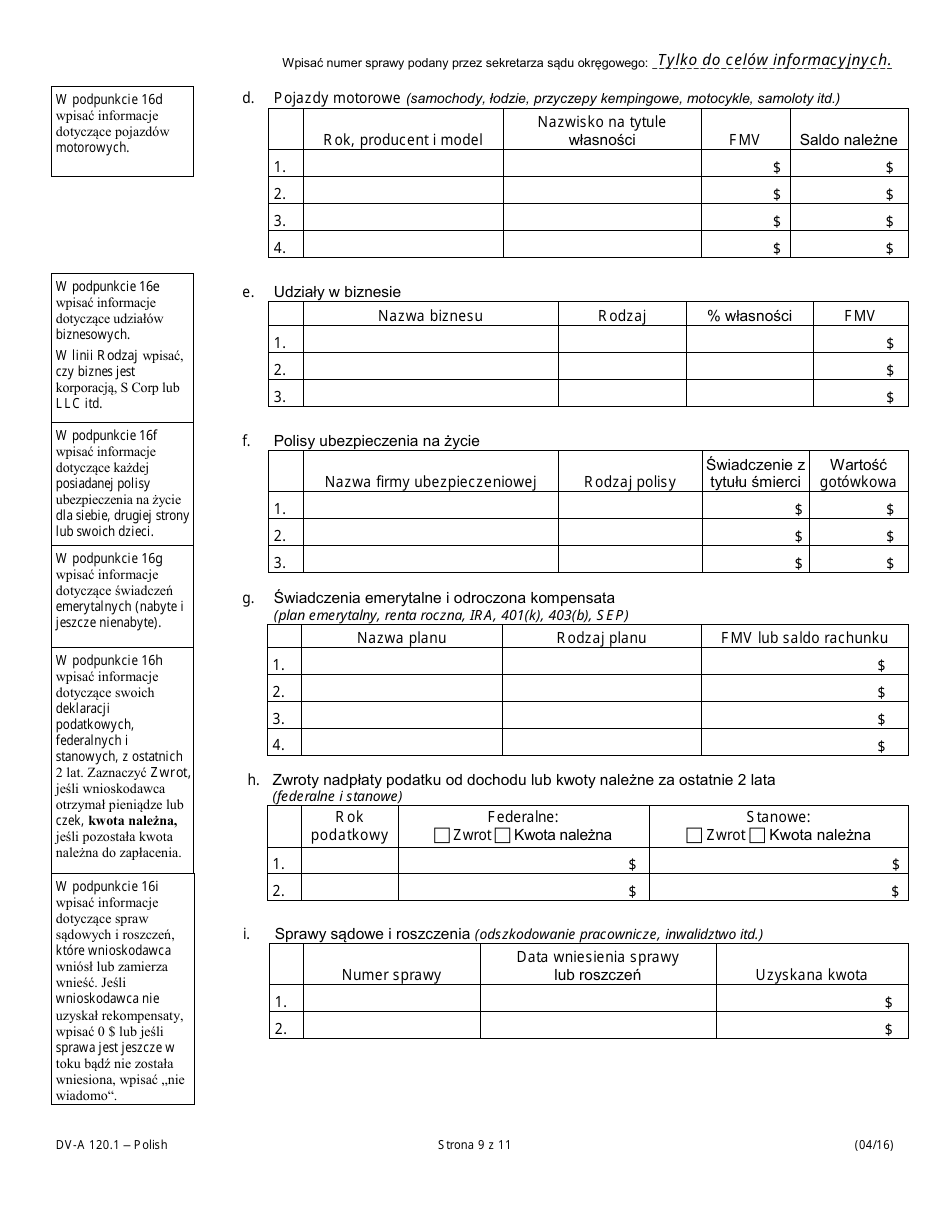 Form DV-A120.1 Financial Affidavit (Family  Divorce Cases) - Illinois (Polish), Page 9