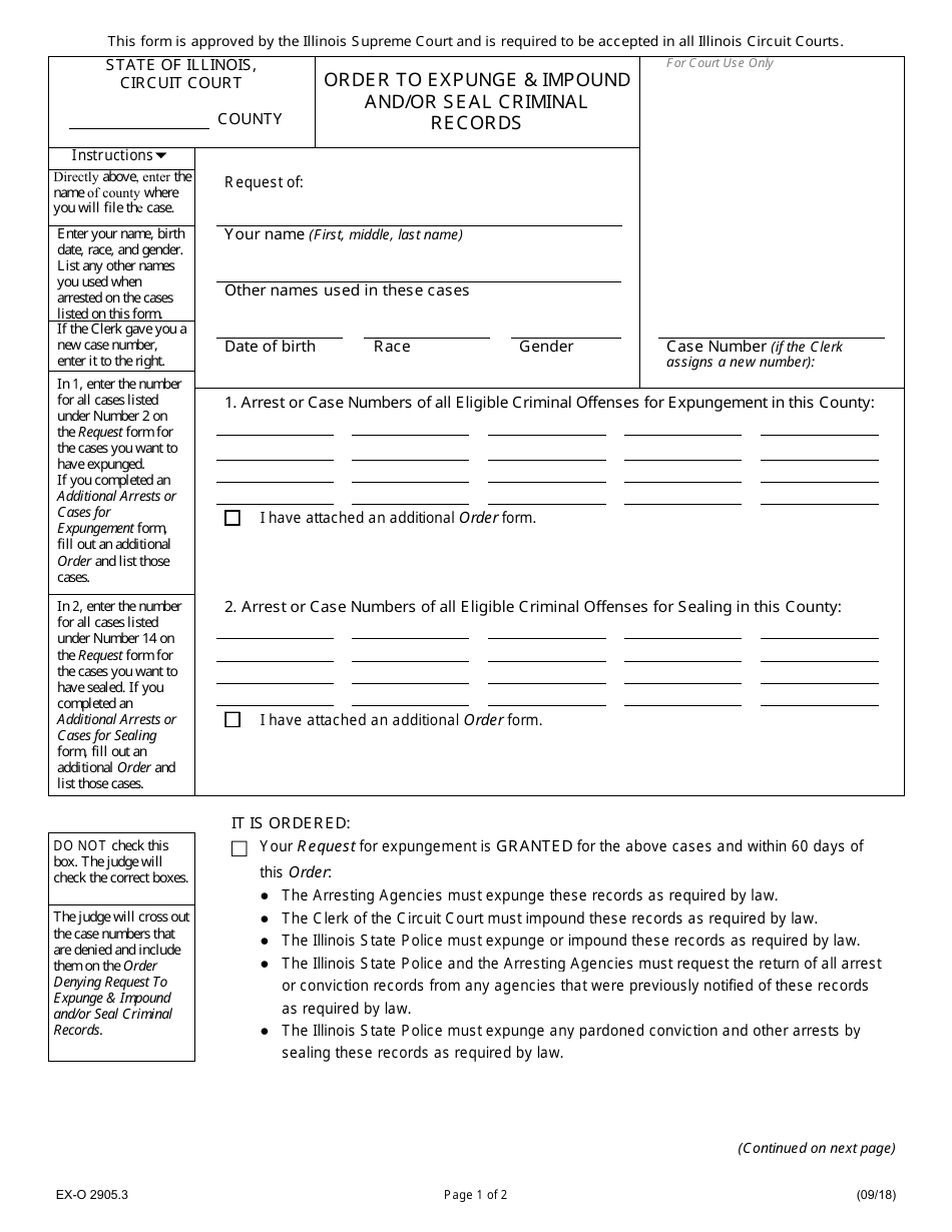 Form EX-O2905.3 Order to Expunge  Impound and / or Seal Criminal Records - Illinois, Page 1