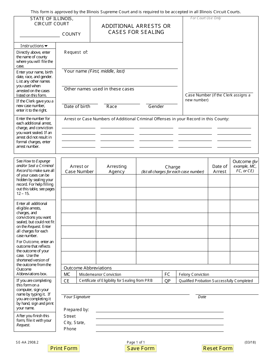Form SE-AA2908.2 Additional Arrests or Cases for Sealing - Illinois, Page 1