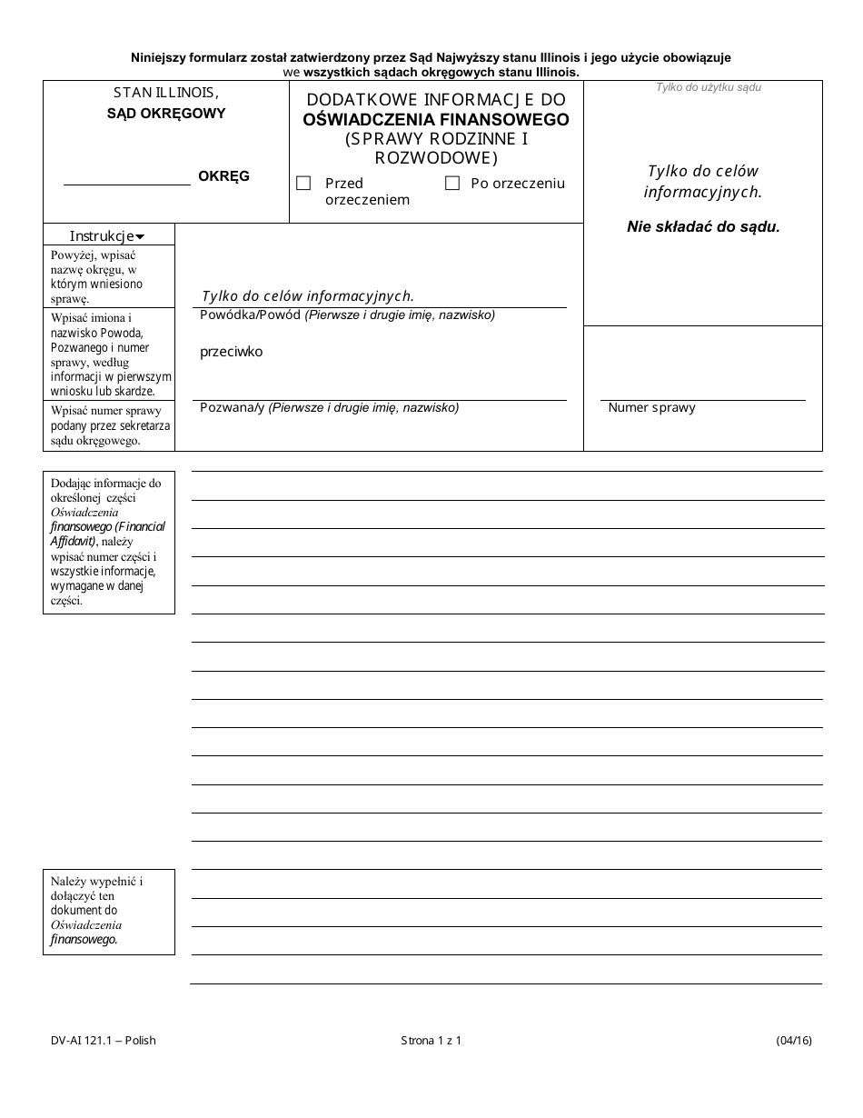 Form DV-AI121.1 Additional Information for Financial Affidavit - Family and Divorce Cases - Illinois (Polish), Page 1