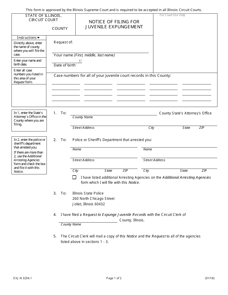 Form EXJ-N3204.1 Notice of Filing for Juvenile Expungement - Illinois, Page 1