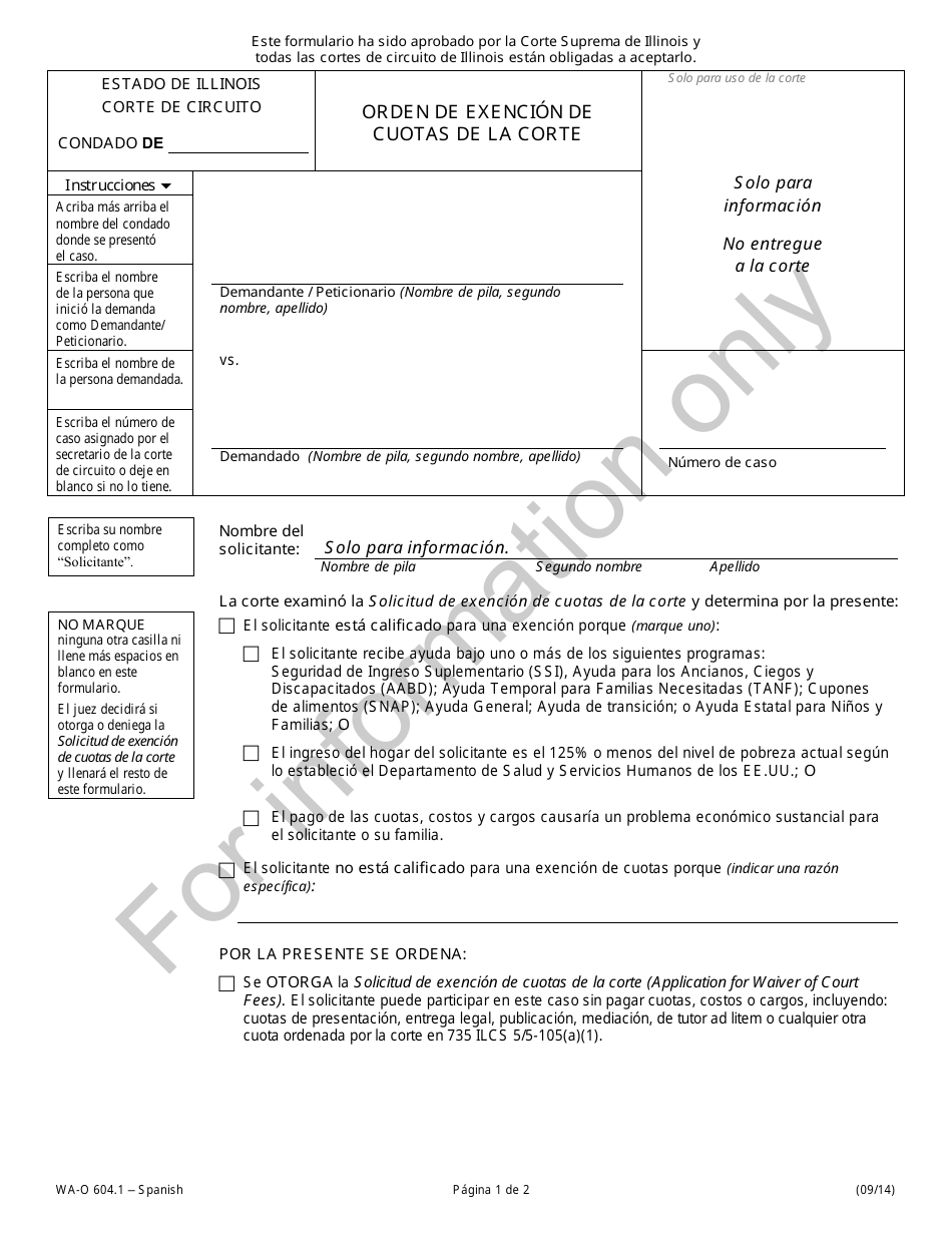 Formulario WA-O604.1 Orden De Exencion De Cuotas De La Corte - Illinois (Spanish), Page 1