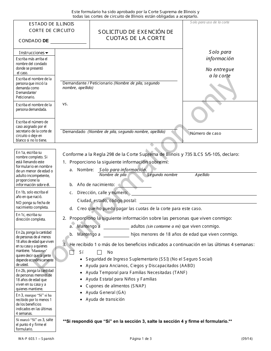 Formulario WA-P603.1 Solicitud De Exencion De Cuotas De La Corte - Illinois (Spanish), Page 1