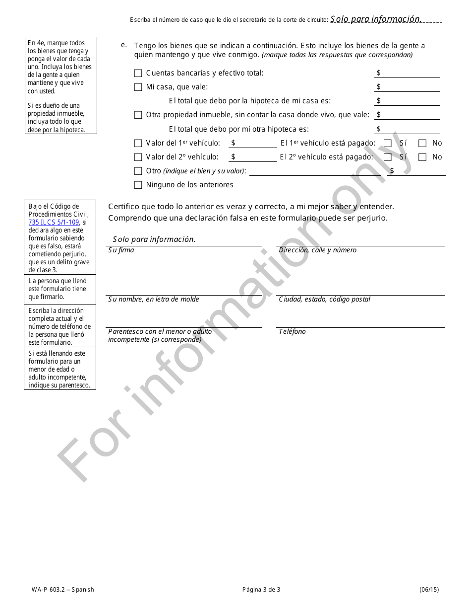 Formulario WA-P603.1 Solicitud De Exencion De Cuotas De La Corte - Illinois (Spanish), Page 3