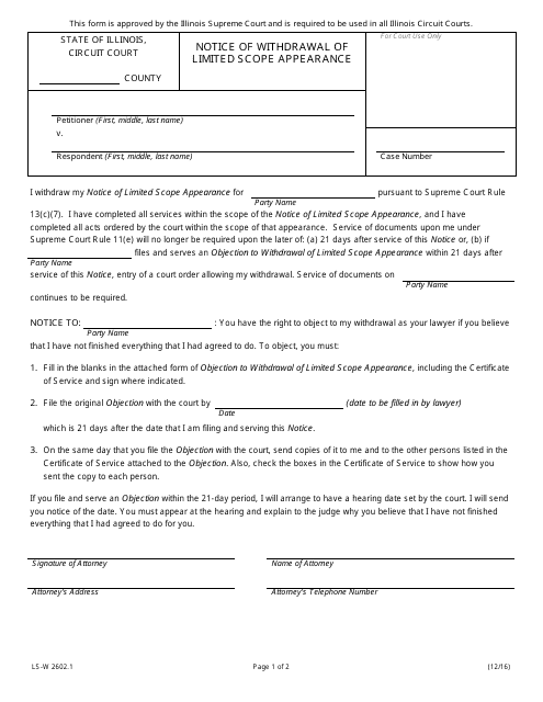 Form LS-W2602.1 Notice of Withdrawal of Limited Scope Appearance - Illinois