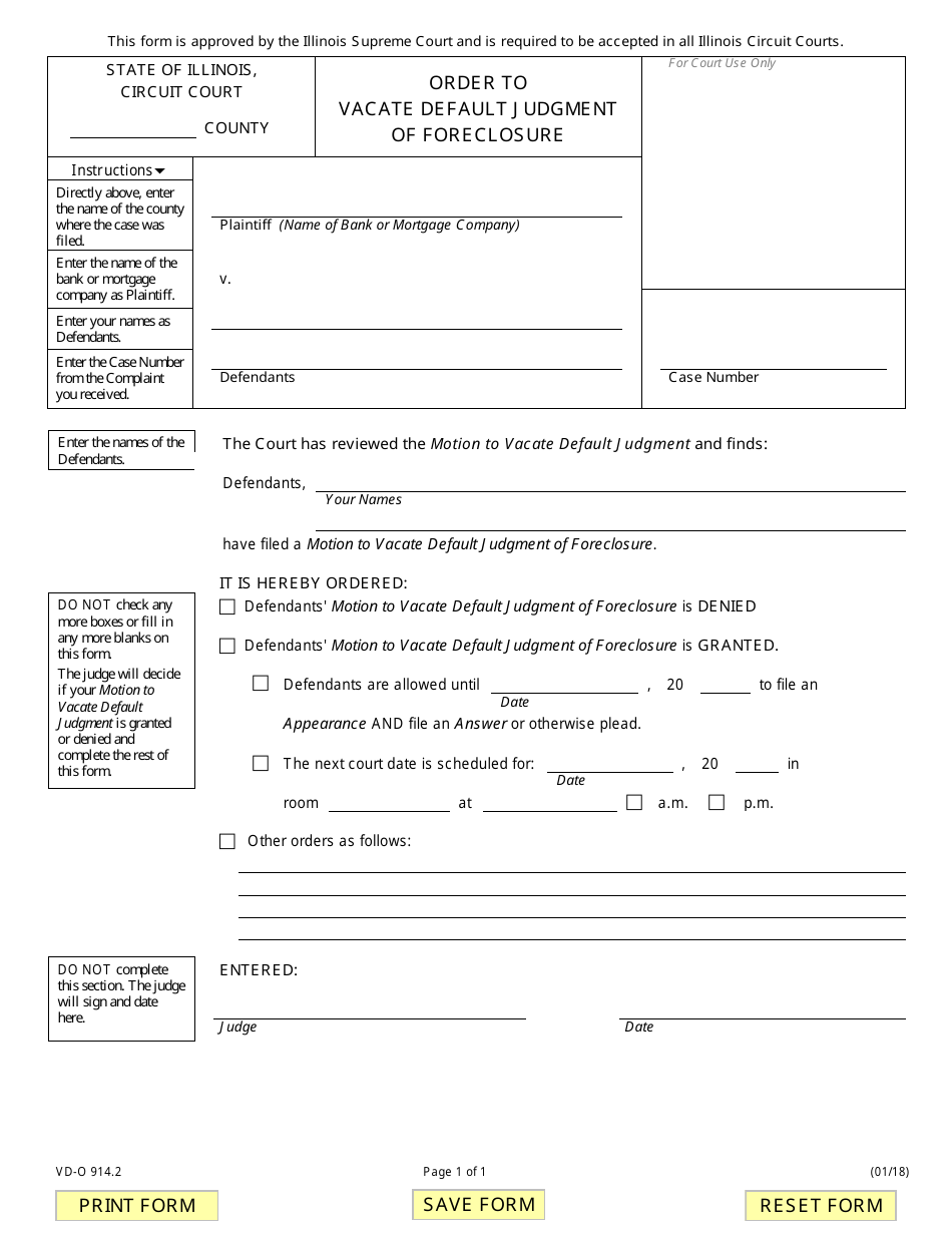 Form VD-O914.2 Order to Vacate Default Judgment of Foreclosure - Illinois, Page 1