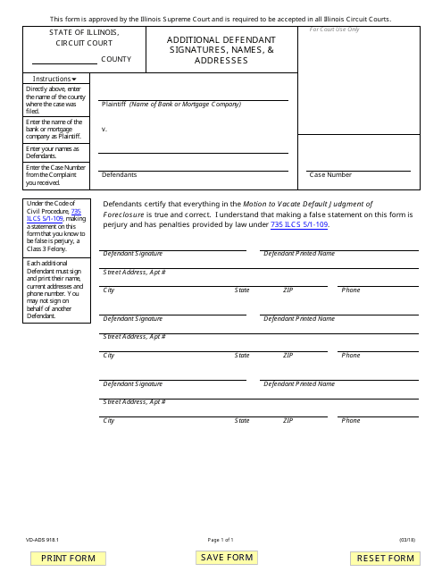 Form VD-ADS918.1 Additional Defendant Signatures, Names, & Addresses - Illinois